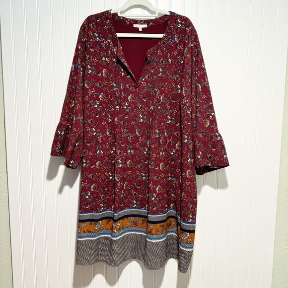 Skies Are Blue Dresses & Skirts - Skies Are Blue Maroon Floral Midi Dress Pintucked Split Neck Plus Size 3X